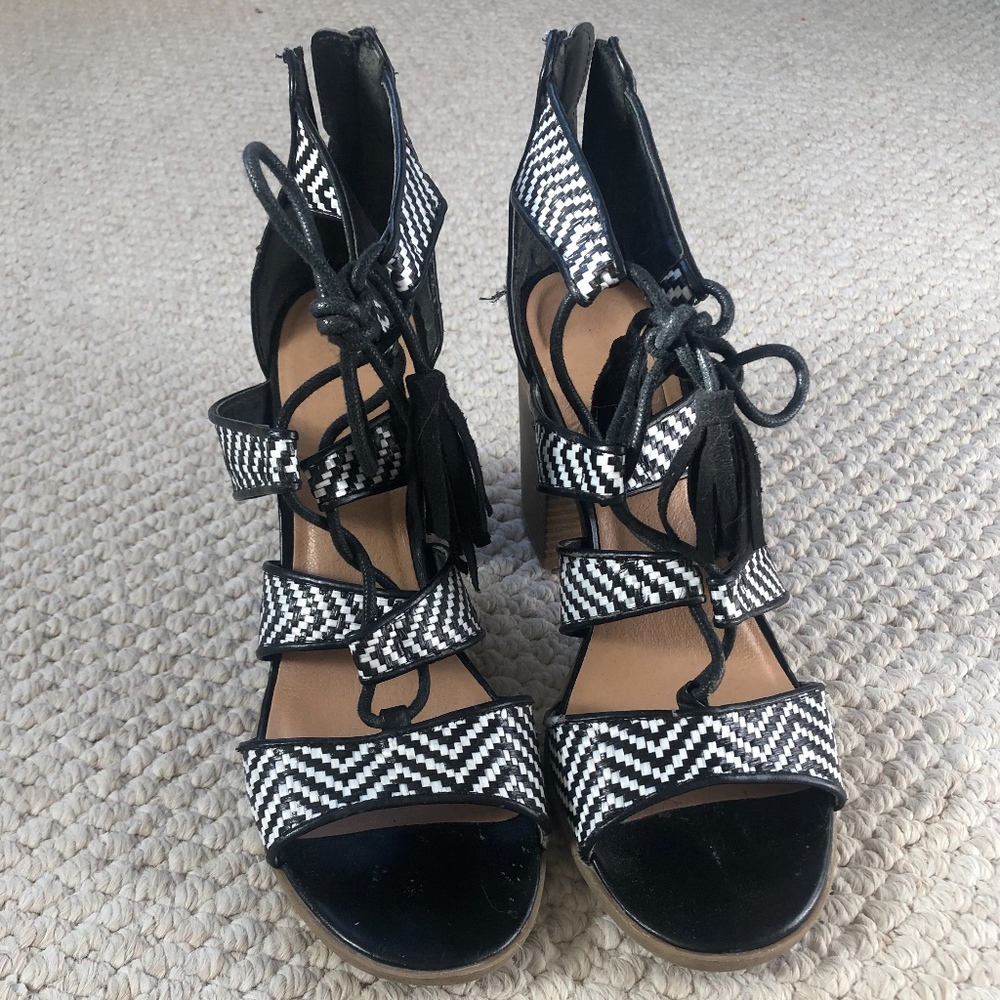 Black and White Lace Up Block Heel